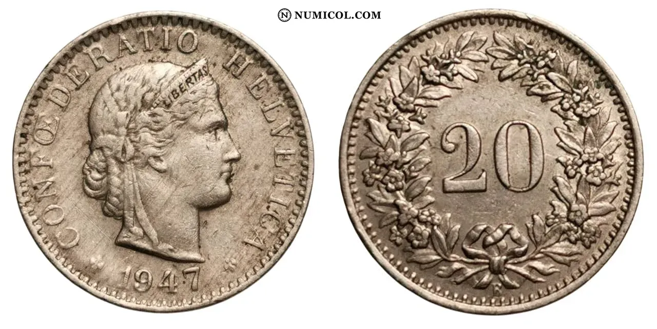 20 Rappen (Libertas; copper-nickel)
